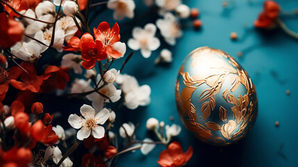 Obraz na płótnie Canvas Colorful easter eggs and flowers on blue background. Top view with copy space. Greeting card on an Easter theme. Happy Easter concept.