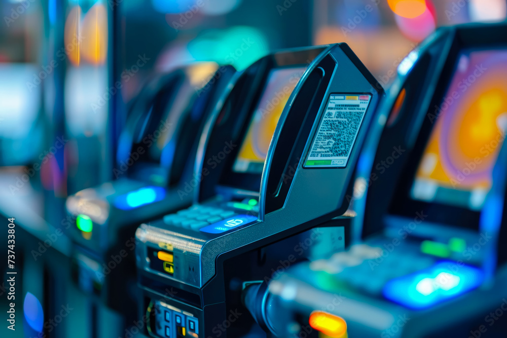 Poster close-up of a cryptocurrency payment terminal. the terminal is user-friendly and secure, and there a