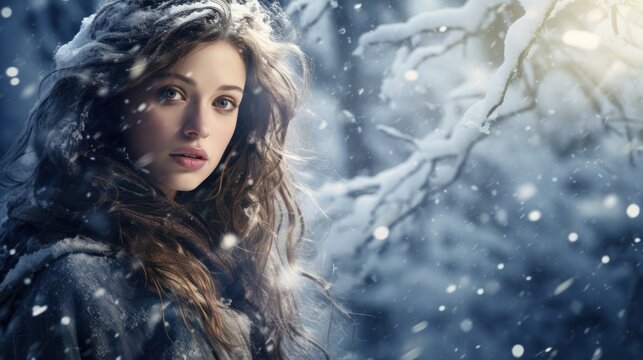A beautiful young woman wearing a fur trimmed coat stands in a snowy forest. Her long brown hair is let down and she looks pensively to the side.