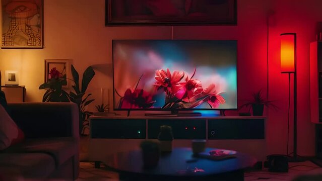 smart tv being viewed in a living room with red lights, soft, atmospheric lighting, 
