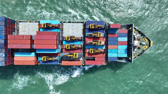 Excavator Backhor on Cargo Container ship 
running to customs international cargo port. ship carrying container and running for import export concept technology freight shipping by ship