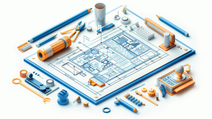 an illustration of a blueprint on a designer drawing board,generative ai