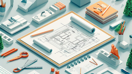 an illustration of a blueprint on a designer drawing board,generative ai