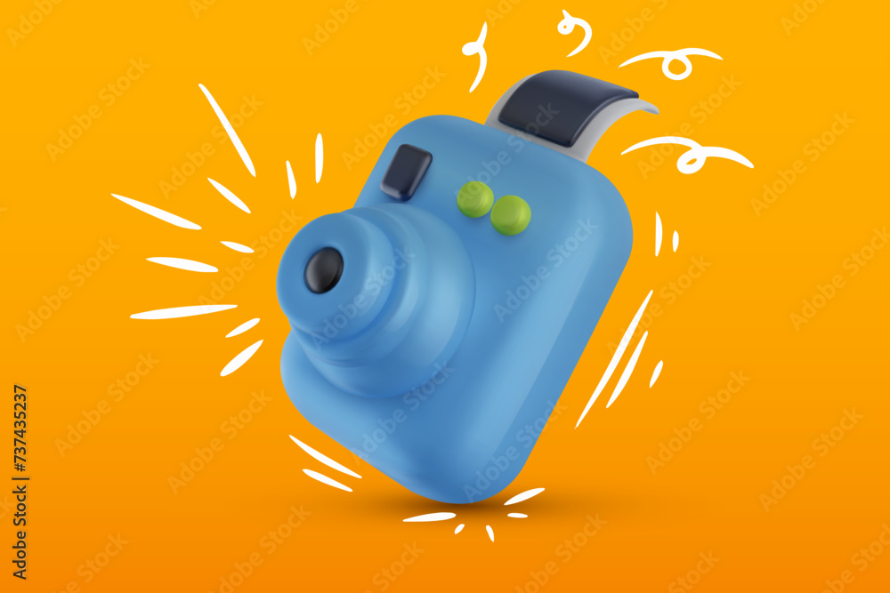 Wall mural colorful photo camera with doodle elements in bright cartoon 3d style. cute modern minimal vector il