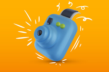 Colorful photo camera with doodle elements in bright cartoon 3d style. Cute modern minimal vector illustration. Creative fashion composition.