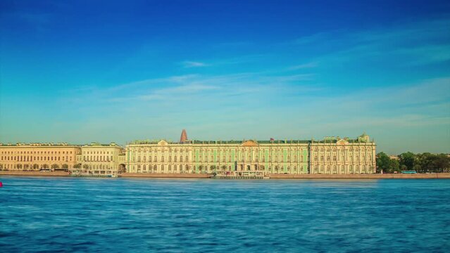 SAINT-PETERSBURG, RUSSIA - JUNE, 2023: Hermitage Museum and Palace Square Timelapse Hyperlapse - Former Winter Palace of Russian Kings in St. Petersburg, Russia