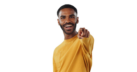 African man, portrait and point at you for recruitment, choice and isolated by transparent png background. Excited person, hands and sign for decision, feedback or invitation with smile for promotion