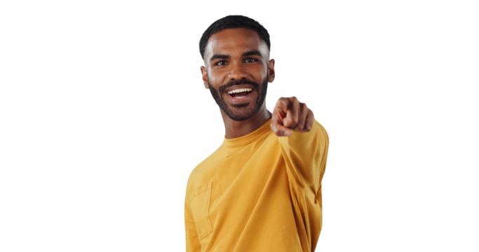 African man, portrait and point at you for recruitment, choice and isolated by transparent png background. Excited person, hands and sign for decision, feedback or invitation with smile for promotion