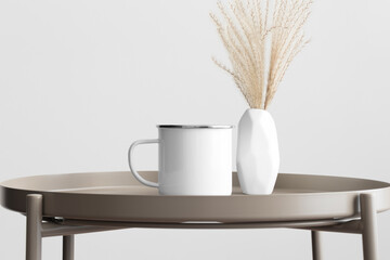 Enamel mug mockup with a pampas decoration on the beige table.