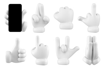 Set of white emoji gestures isolated. Showing hand icon, symbol, signal and sign. 3d rendering.