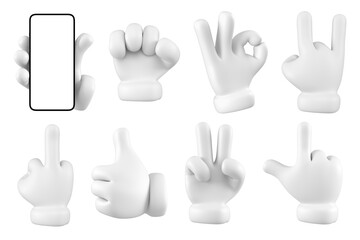 White emoji set gestures isolated. Showing hand icon, symbol, signal and sign. 3d rendering.