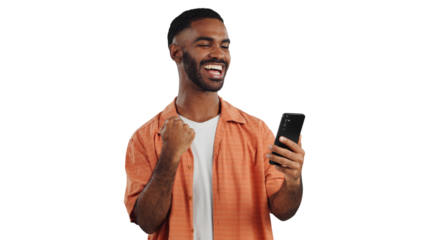 Happy man, phone and fist pump with good news in celebration for winning or success on a transparent PNG background. Excited male person with smile on mobile smartphone for amazing deal or promotion