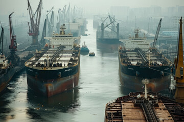 group of oil tankers in a port waiting to be filled with oil.
