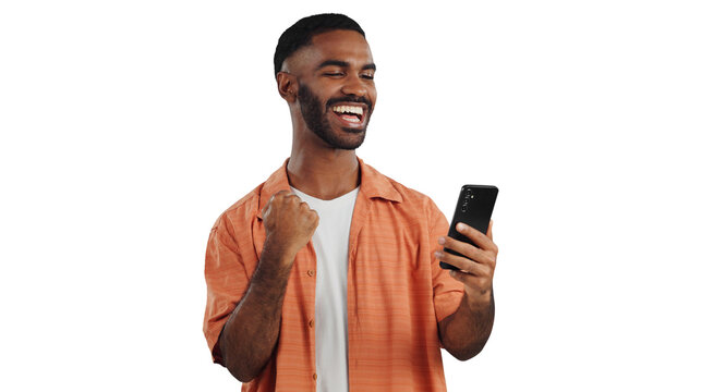 Happy man, phone and fist pump with good news in celebration for winning or success on a transparent PNG background. Excited male person with smile on mobile smartphone for amazing deal or promotion