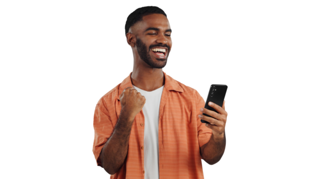 Happy man, phone and fist pump with good news in celebration for winning or success on a transparent PNG background. Excited male person with smile on mobile smartphone for amazing deal or promotion
