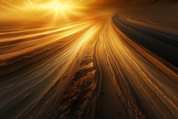 A highway in the desert leading to a sunrise, with the sun illuminating the textured patterns of the sand.