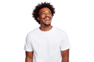 Studio portrait of Handsome African-American man with clean healthy skin and happy smile isolated on transparent png background.