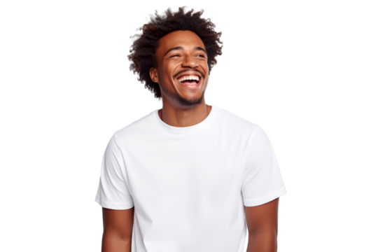 Studio portrait of Handsome African-American man with clean healthy skin and happy smile isolated on transparent png background.