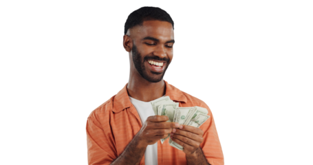 Happy man, finance and counting money with cash for profit, salary or financial freedom on a transparent PNG background. Young male person smile with paper bills, currency or savings for investment
