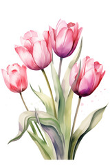 Watercolor tulips. Pink floral arrangement isolated botanical illustration. Blossom tulip flowers design.