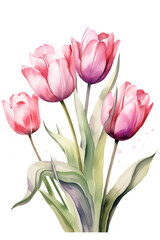 Naklejka premium Watercolor tulips. Pink floral arrangement isolated botanical illustration. Blossom tulip flowers design.