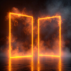 Two glowing orange rectangular frames and smoke in an empty room. Copy space for text or product.