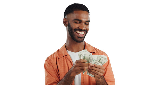 Happy man, finance and counting money with cash for profit, salary or financial freedom on a transparent PNG background. Young male person smile with paper bills, currency or savings for investment