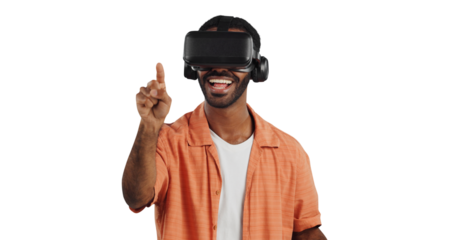 Isolated African man, virtual reality glasses and happy with finger, click or futuristic ui by transparent png background. Person, AR goggles and smile with 3D user experience in metaverse with hand
