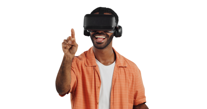Isolated African man, virtual reality glasses and happy with finger, click or futuristic ui by transparent png background. Person, AR goggles and smile with 3D user experience in metaverse with hand