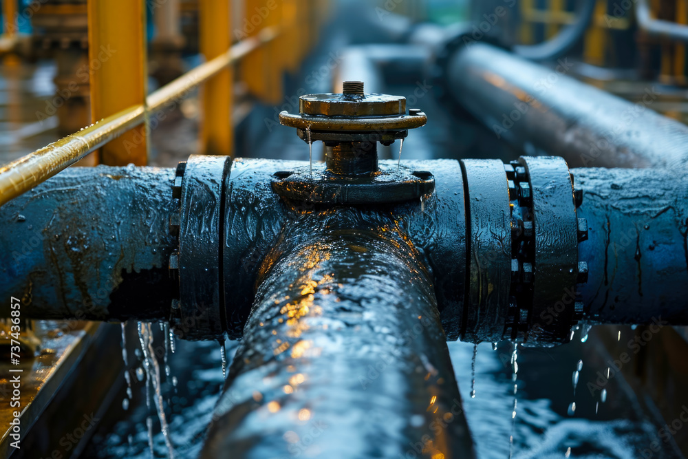 Poster close-up of a pipeline with a valve. the valve is open, and oil is flowing through the pipeline