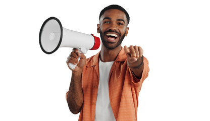 Happy man, portrait and pointing to you with megaphone for announcement or choice on a transparent...