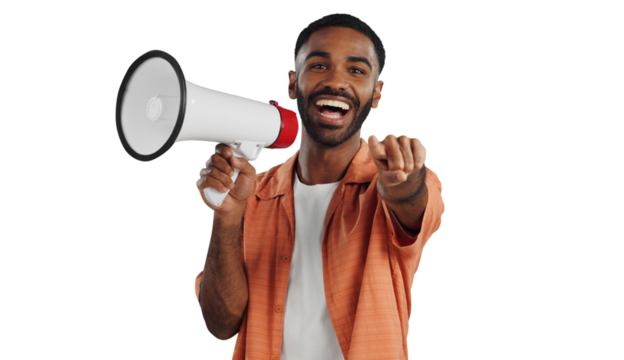 Happy man, portrait and pointing to you with megaphone for announcement or choice on a transparent PNG background. Male person with smile, loudspeaker or bullhorn for selection, pick or decision