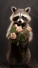 A raccoon holds a bouquet of flowers in its paws. Concept: Valentine's Day.