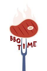 Meat on Fork, BBQ Time lettering. Beef Logo. Barbecue Logo. Restaurant Menu. BBQ party landing page, banner, flyer. Vector Illustration.