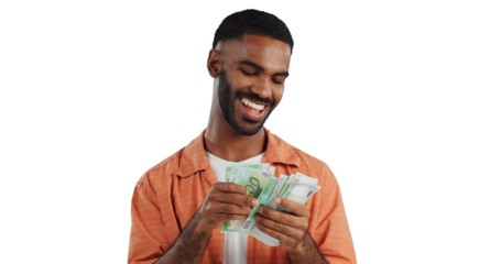 Happy man, money and counting cash with finance for profit, salary or financial freedom on a transparent PNG background. Young male person smile with paper bills, currency or savings for investment