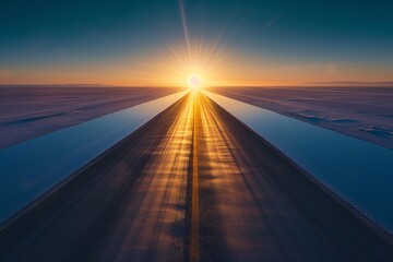 A straight road in the desert heading towards a sunrise, with the early rays of light casting a shimmering effect on a distant salt flat.