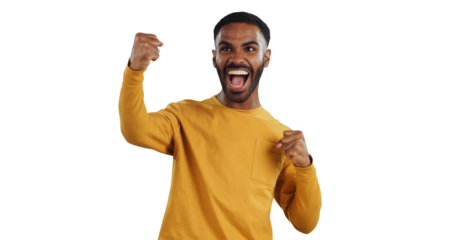 Excited man, fist pump and wow in celebration for success or winning on a transparent PNG background. Happy, young male person with smile for good news, achievement or bonus promotion on lucky prize