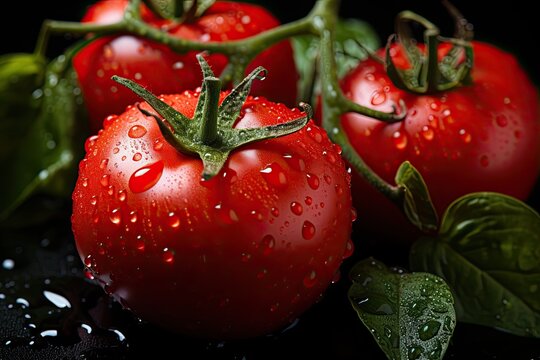 Ripe tomato vibrant red color, smooth texture with droplets of dew