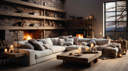 Picture a modern living room with a touch of Hygge charm, featuring a beige sofa complemented by plaid and fur cushions, positioned elegantly in front of a fireplace.