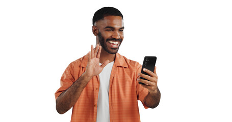 Isolated black man, phone and smile on video call with wave, hello and contact by transparent png...