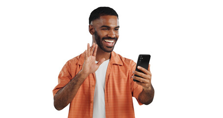 Isolated black man, phone and smile on video call with wave, hello and contact by transparent png...