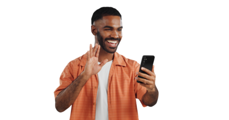Isolated black man, phone and smile on video call with wave, hello and contact by transparent png background. Person, smartphone and happy for communication, live streaming or app for social network
