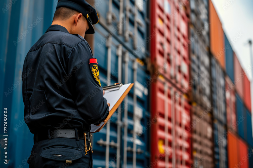 Poster customs officer with a red color and a badge shape and a container overlay on the clipboard