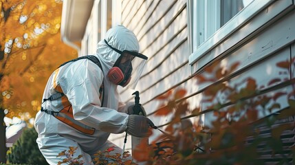 the technician holding a sprayer and emphasizing the application of the product at the base of the building to ensure thorough protection against pests. - obrazy, fototapety, plakaty