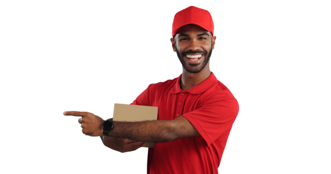 Happy man, portrait and pointing with box for delivery, advertising or marketing on a transparent PNG background. Male person or courier guy with smile, hat and showing deal or service in logistics - Powered by Adobe