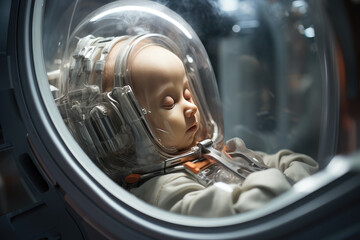 The child lies in a glass capsule. Future birth and pregnancy in capsules. Healthcare and advanced technologies, artificial intelligence