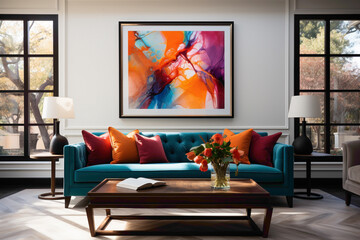 A modern living room with bright colors, featuring dark-colored sofas and a blank empty white frame on the wall, creating a chic and sophisticated atmosphere.