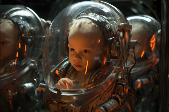 The child lies in a glass capsule. Future birth and pregnancy in capsules. Healthcare and advanced technologies, artificial intelligence