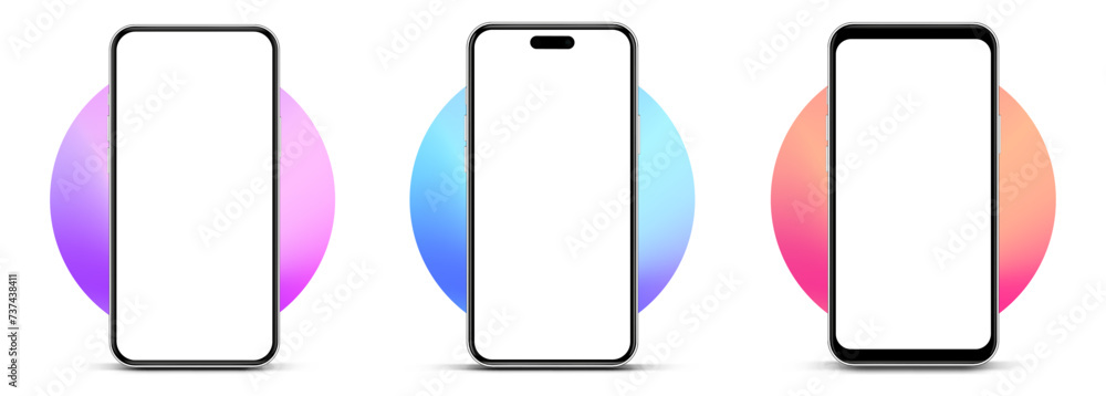 Aufkleber 3D realistic high quality smartphone mockup with isolated background. Smart phone mockup collection. Device front view. 3D mobile phone with shadow on white background.