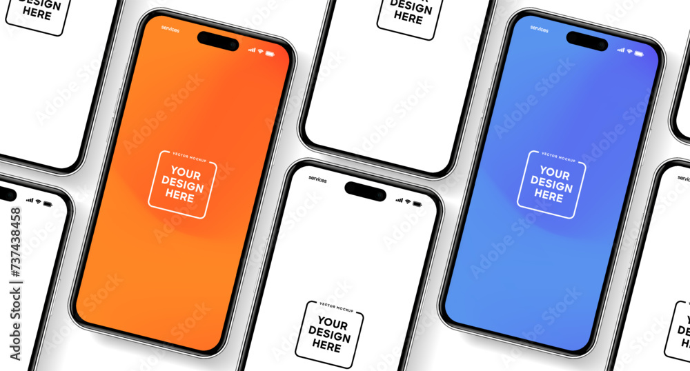 Poster 3D realistic high quality smartphone mockup with isolated background. Smart phone mockup collection. Device front view. 3D mobile phone with shadow on white background.